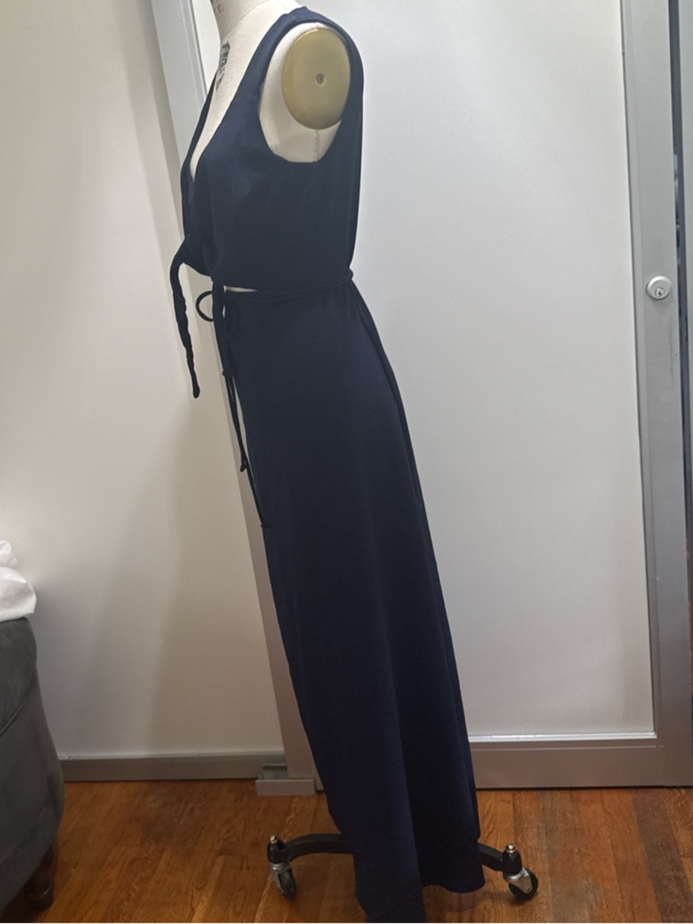 Reformation Navy Deep V Tie-Waist Maxi Dress